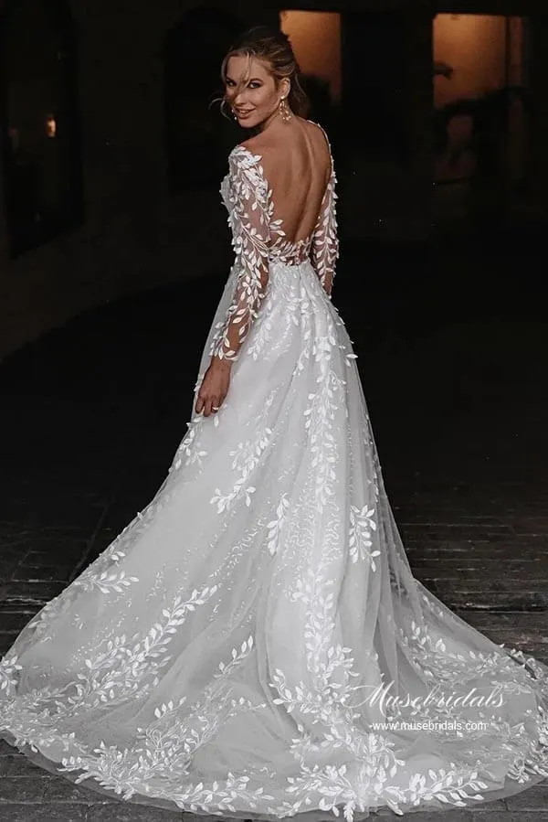 Leaves Lace Tulle Long Sleeves Boho Wedding Dresses, Bridal Gown, MW962
