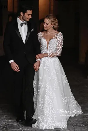 Leaves Lace Tulle Long Sleeves Boho Wedding Dresses, Bridal Gown, MW962
