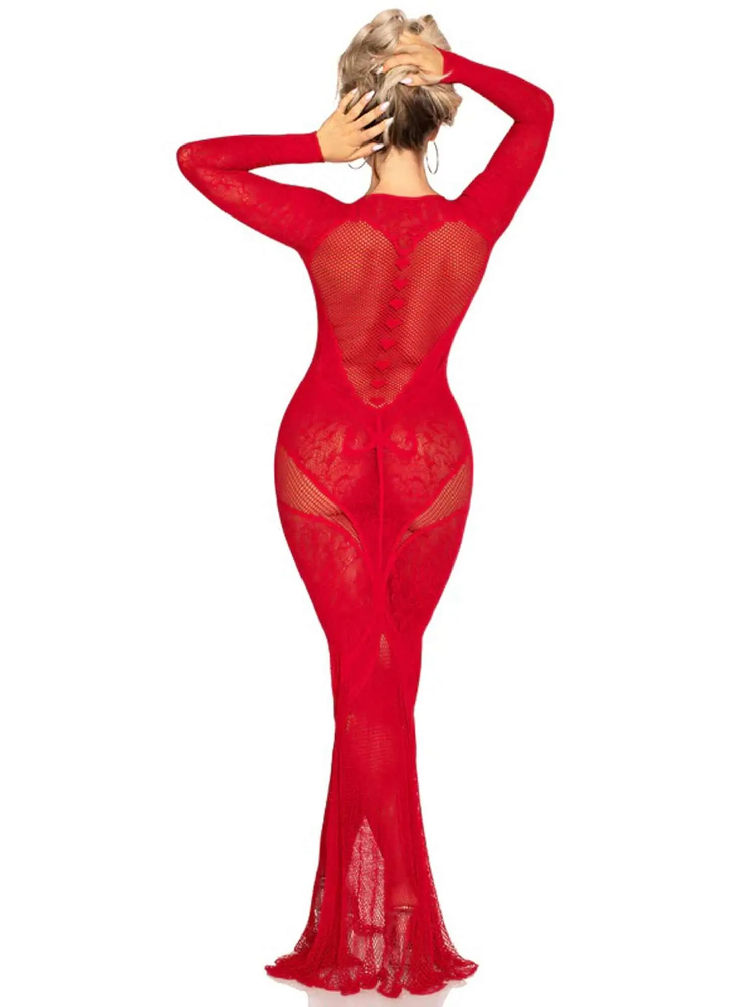 Leg Avenue Red Lace and Net Body Con Gown -  With Heart Keyhole Detail - Os