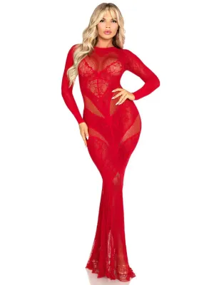 Leg Avenue Red Lace and Net Body Con Gown -  With Heart Keyhole Detail - Os