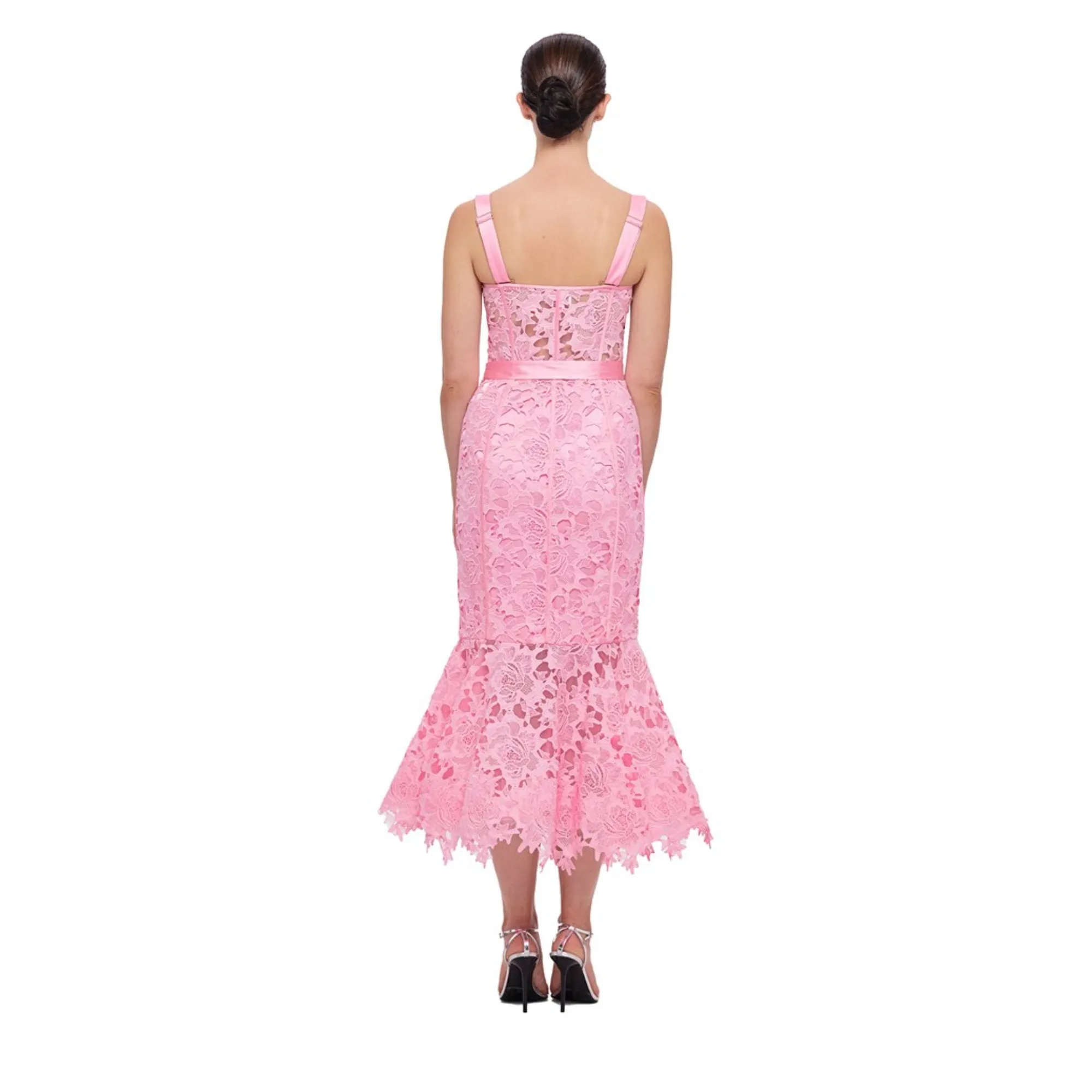 Leo Lin Women's Clover Lace Bustier Ruffle Midi Dress Candy Pink