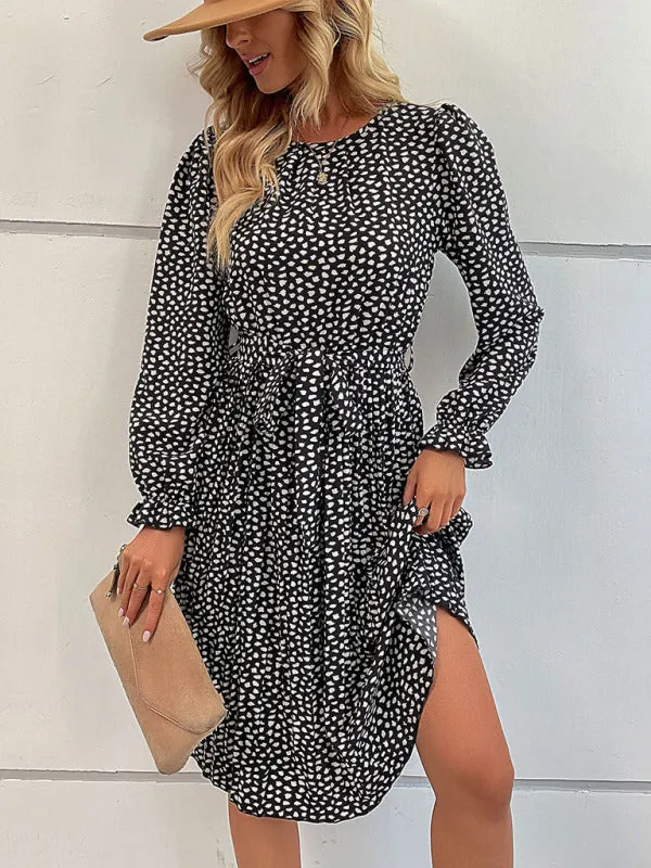 Leopard Print Knee-Length Dress with Lace-Up Neckline