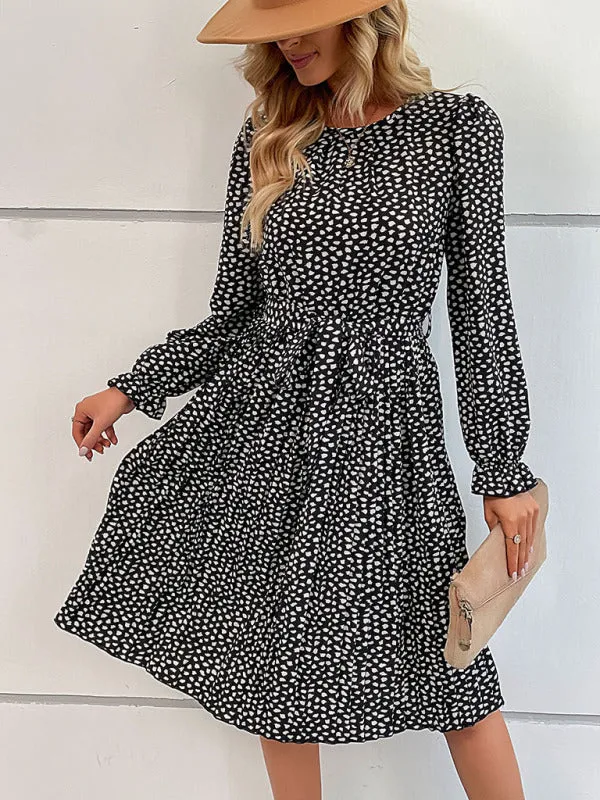 Leopard Print Knee-Length Dress with Lace-Up Neckline
