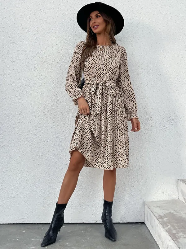 Leopard Print Knee-Length Dress with Lace-Up Neckline