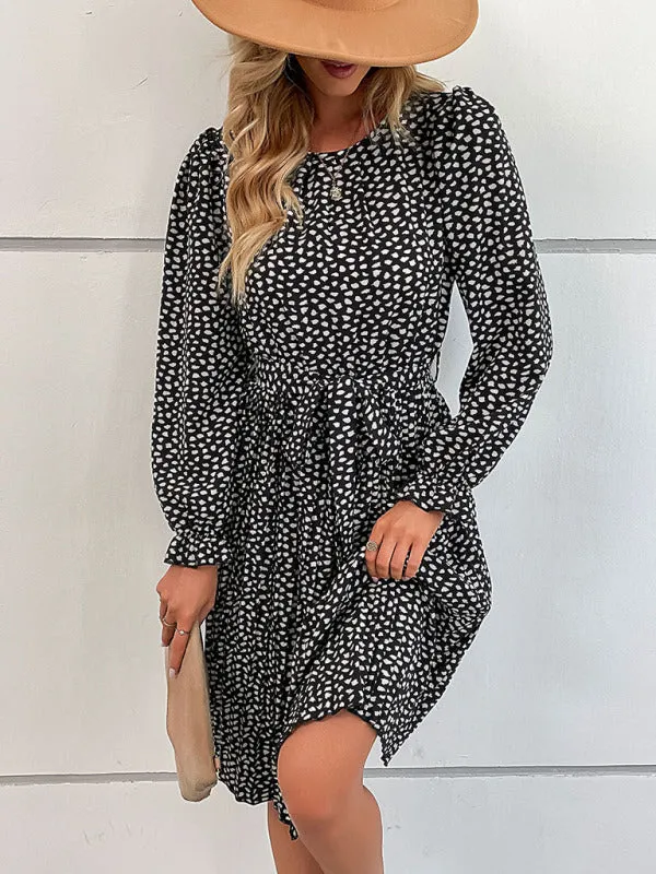 Leopard Print Knee-Length Dress with Lace-Up Neckline
