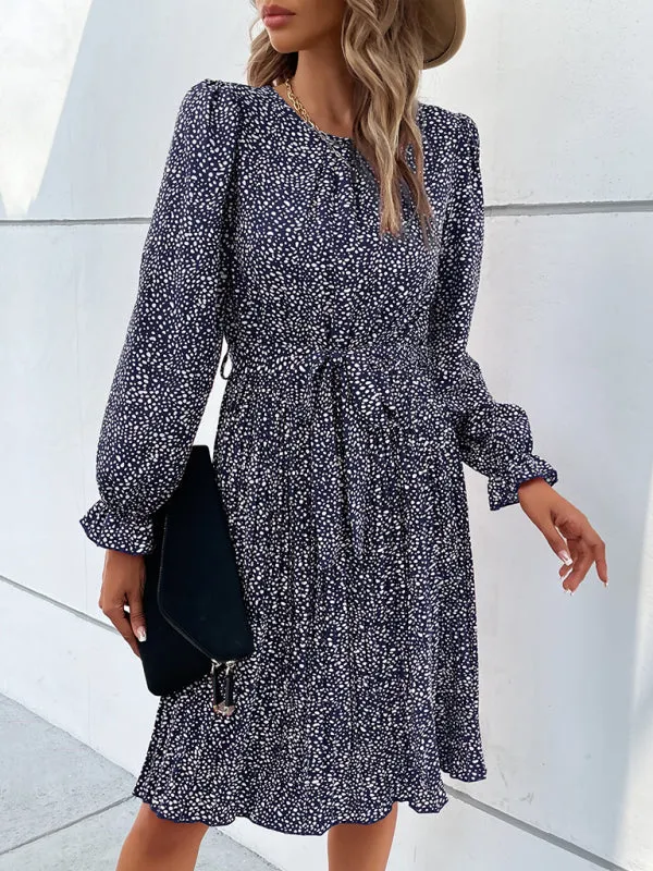 Leopard Print Knee-Length Dress with Lace-Up Neckline