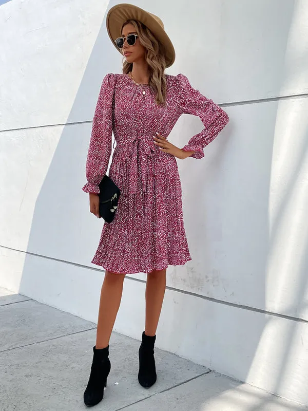 Leopard Print Knee-Length Dress with Lace-Up Neckline