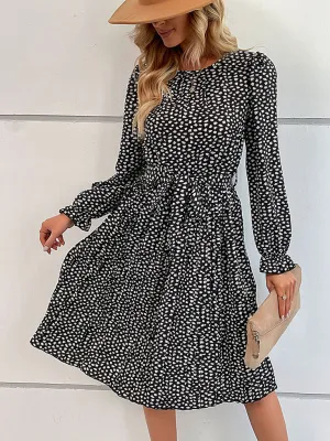 Leopard Print Knee-Length Dress with Lace-Up Neckline