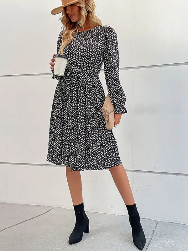 Leopard Print Knee-Length Dress with Lace-Up Neckline