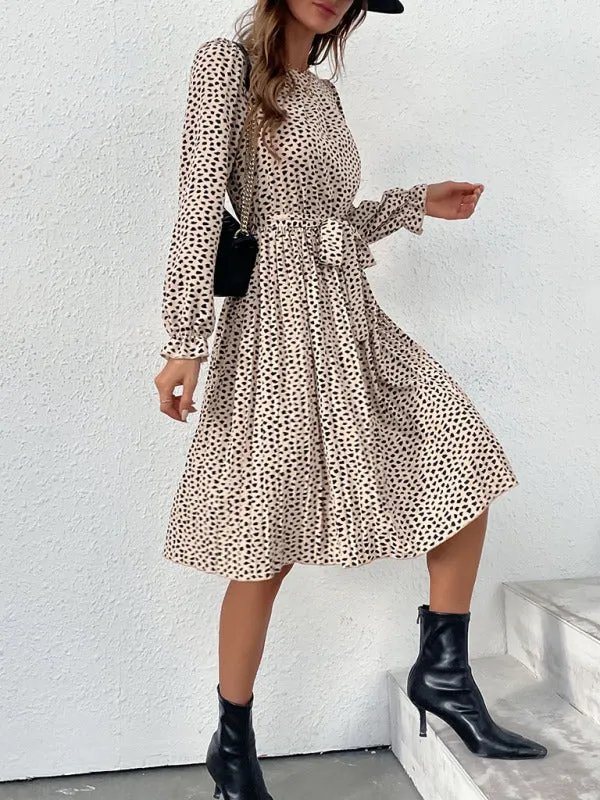 Leopard Print Knee-Length Dress with Lace-Up Neckline