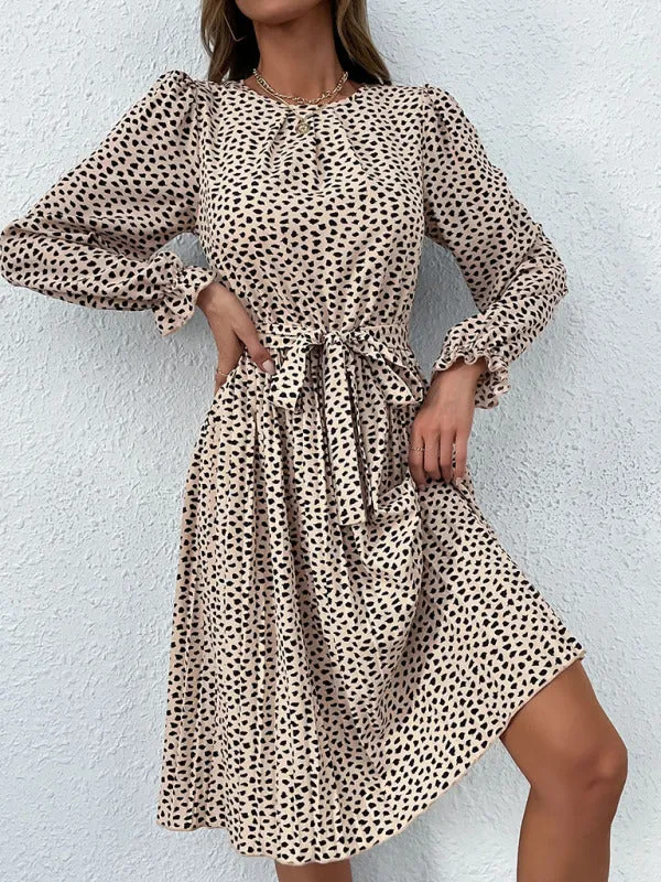 Leopard Print Knee-Length Dress with Lace-Up Neckline