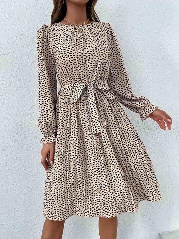 Leopard Print Knee-Length Dress with Lace-Up Neckline