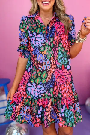 Leopard Print Knee-Length Dress with Smocked Sleeves