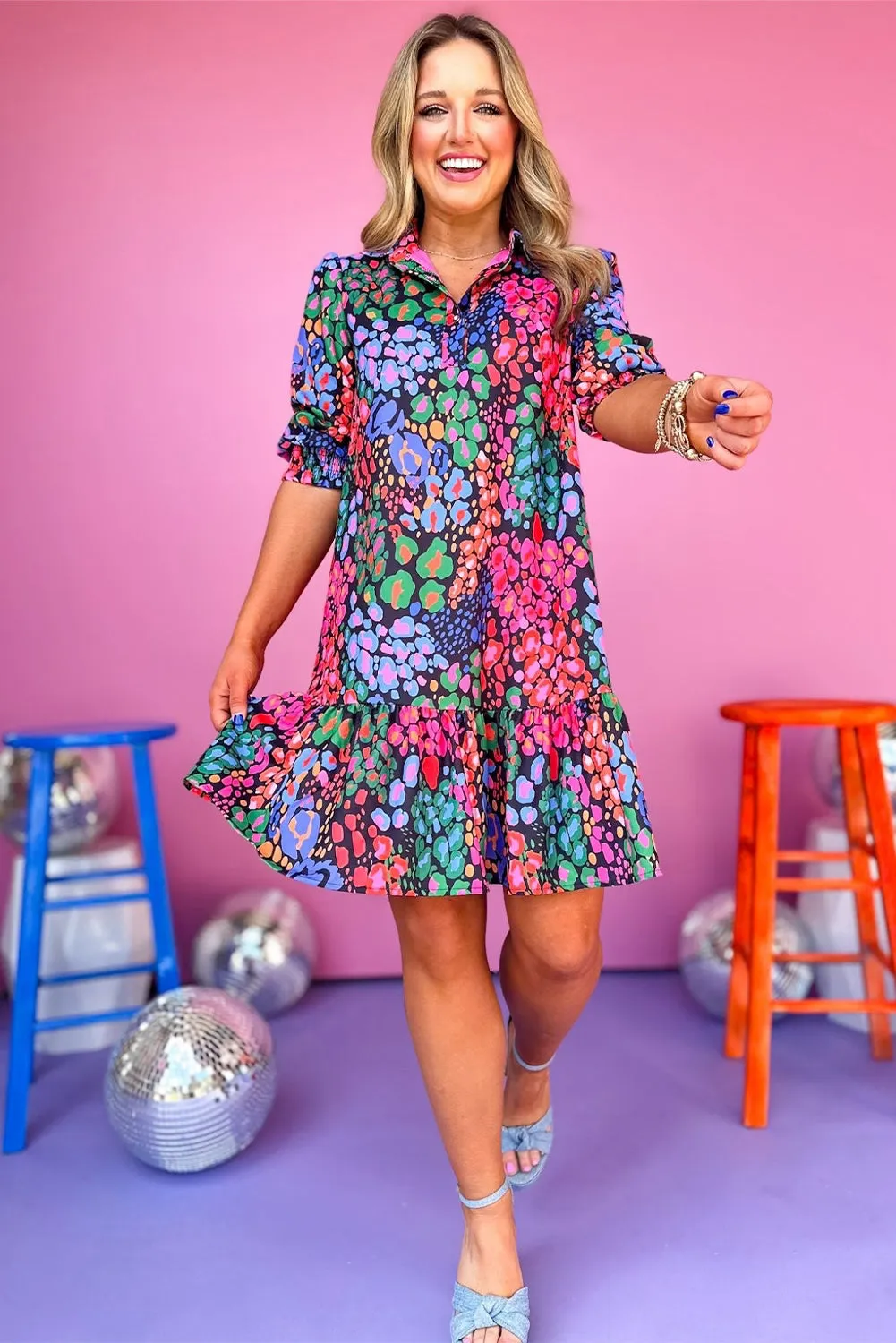 Leopard Print Knee-Length Dress with Smocked Sleeves