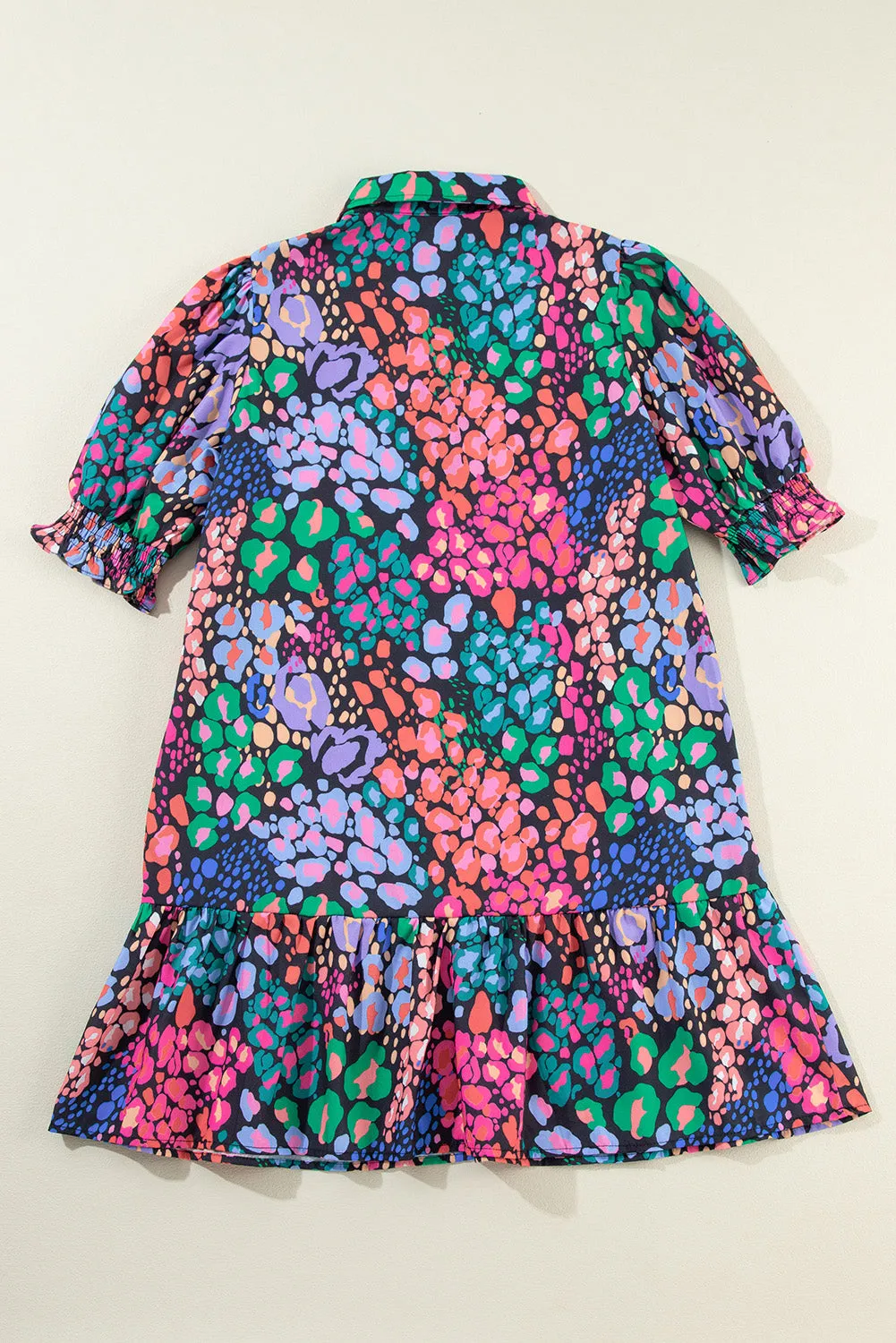 Leopard Print Knee-Length Dress with Smocked Sleeves