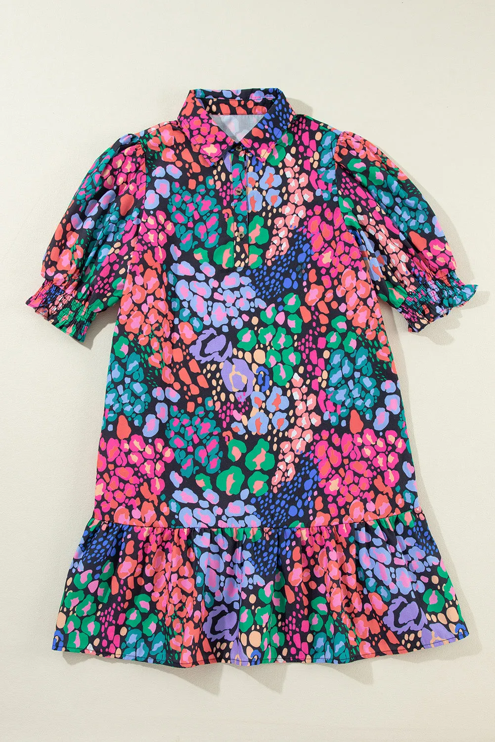 Leopard Print Knee-Length Dress with Smocked Sleeves