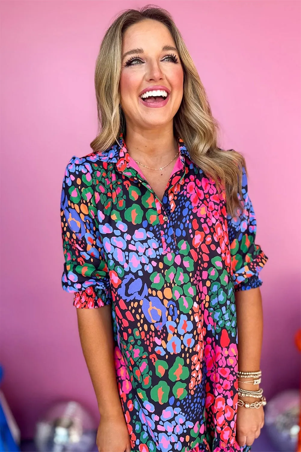 Leopard Print Knee-Length Dress with Smocked Sleeves