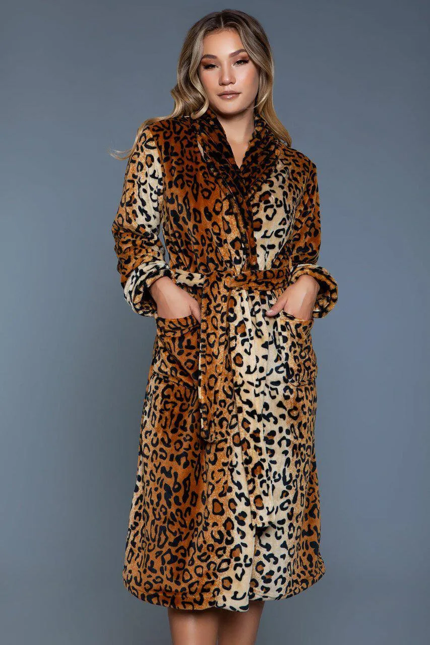 Leopard Print Long Flannel Robe