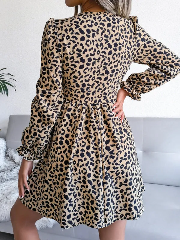 Leopard Print Mini Dress with Pleated Waist and V-Neck