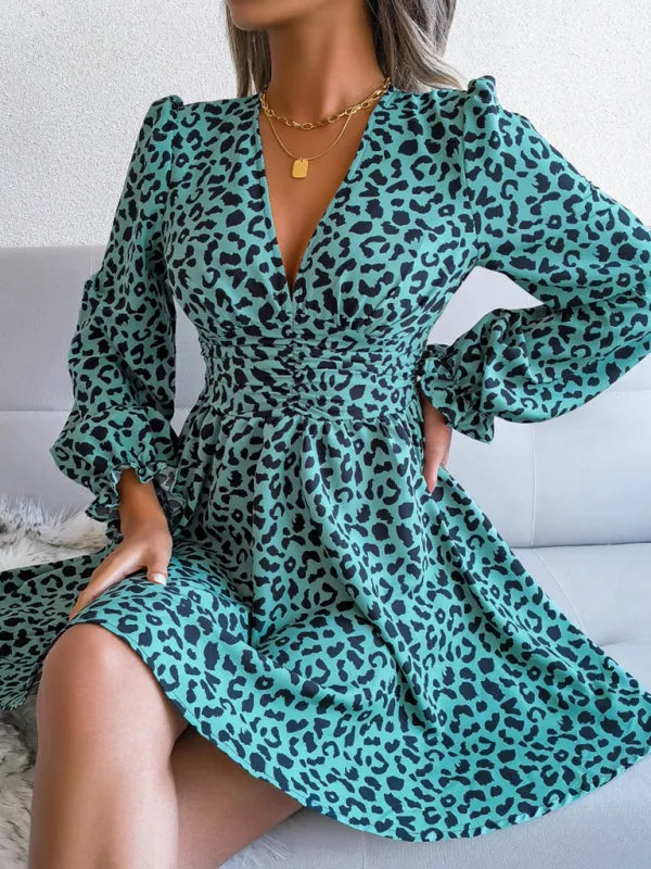 Leopard Print Mini Dress with Pleated Waist and V-Neck