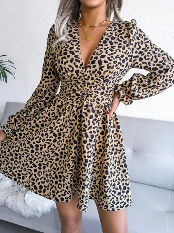 Leopard Print Mini Dress with Pleated Waist and V-Neck