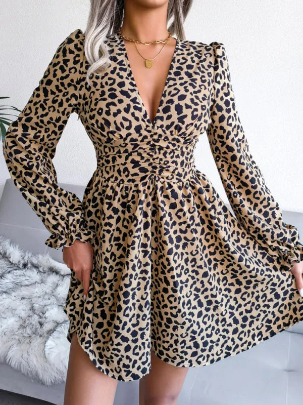 Leopard Print Mini Dress with Pleated Waist and V-Neck