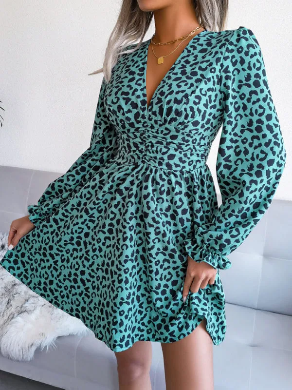 Leopard Print Mini Dress with Pleated Waist and V-Neck