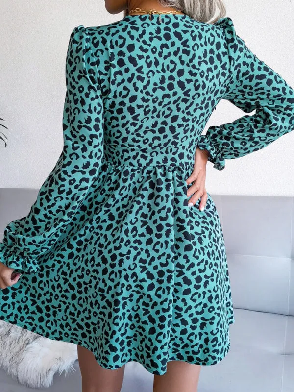 Leopard Print Mini Dress with Pleated Waist and V-Neck