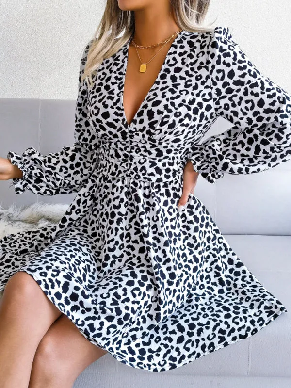 Leopard Print Mini Dress with Pleated Waist and V-Neck
