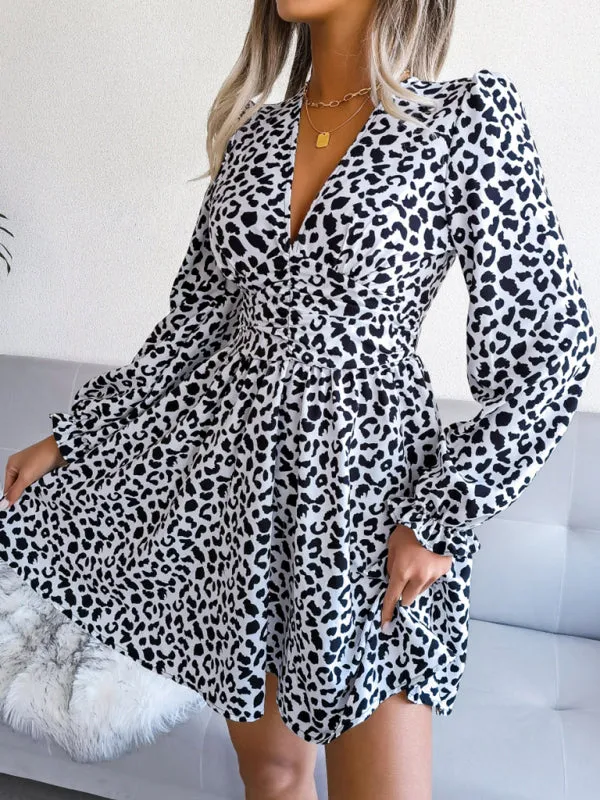 Leopard Print Mini Dress with Pleated Waist and V-Neck
