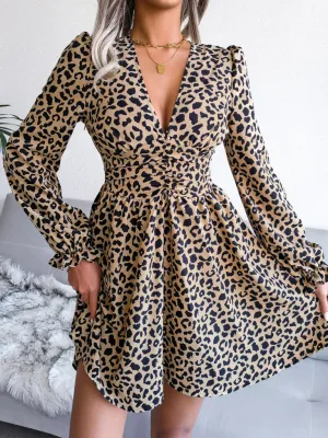 Leopard Print Mini Dress with Pleated Waist and V-Neck