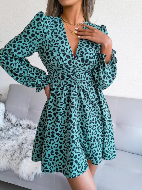 Leopard Print Mini Dress with Pleated Waist and V-Neck
