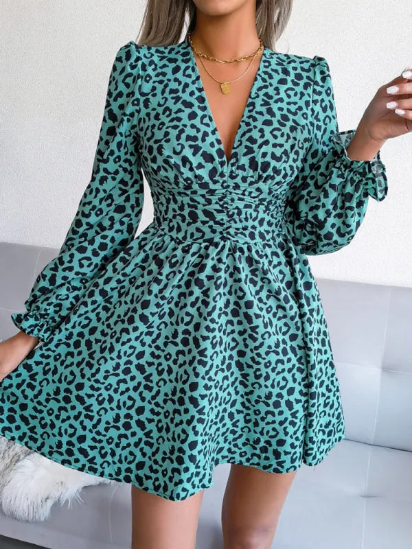 Leopard Print Mini Dress with Pleated Waist and V-Neck