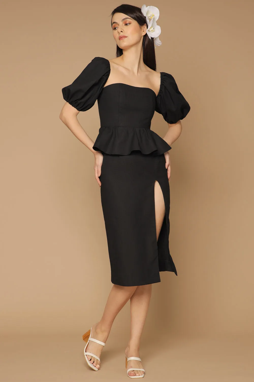 LETICIA Peplum Midi Dress with Semi Puffed Sleeves and Slit (Black Linen)
