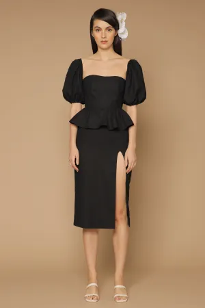 LETICIA Peplum Midi Dress with Semi Puffed Sleeves and Slit (Black Linen)