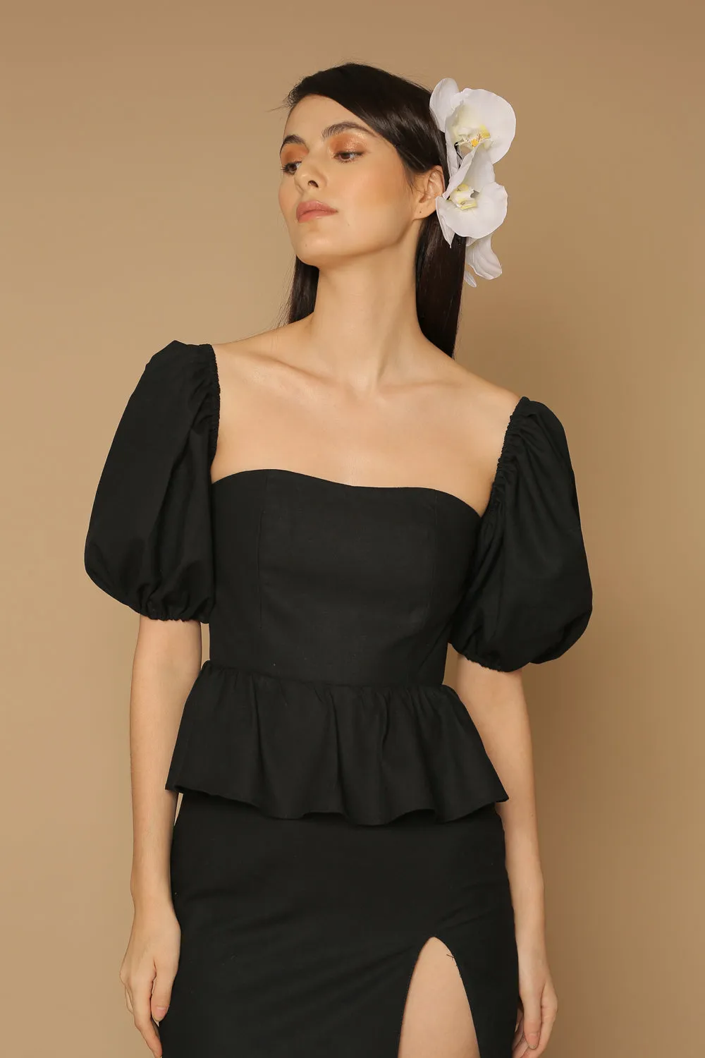 LETICIA Peplum Midi Dress with Semi Puffed Sleeves and Slit (Black Linen)