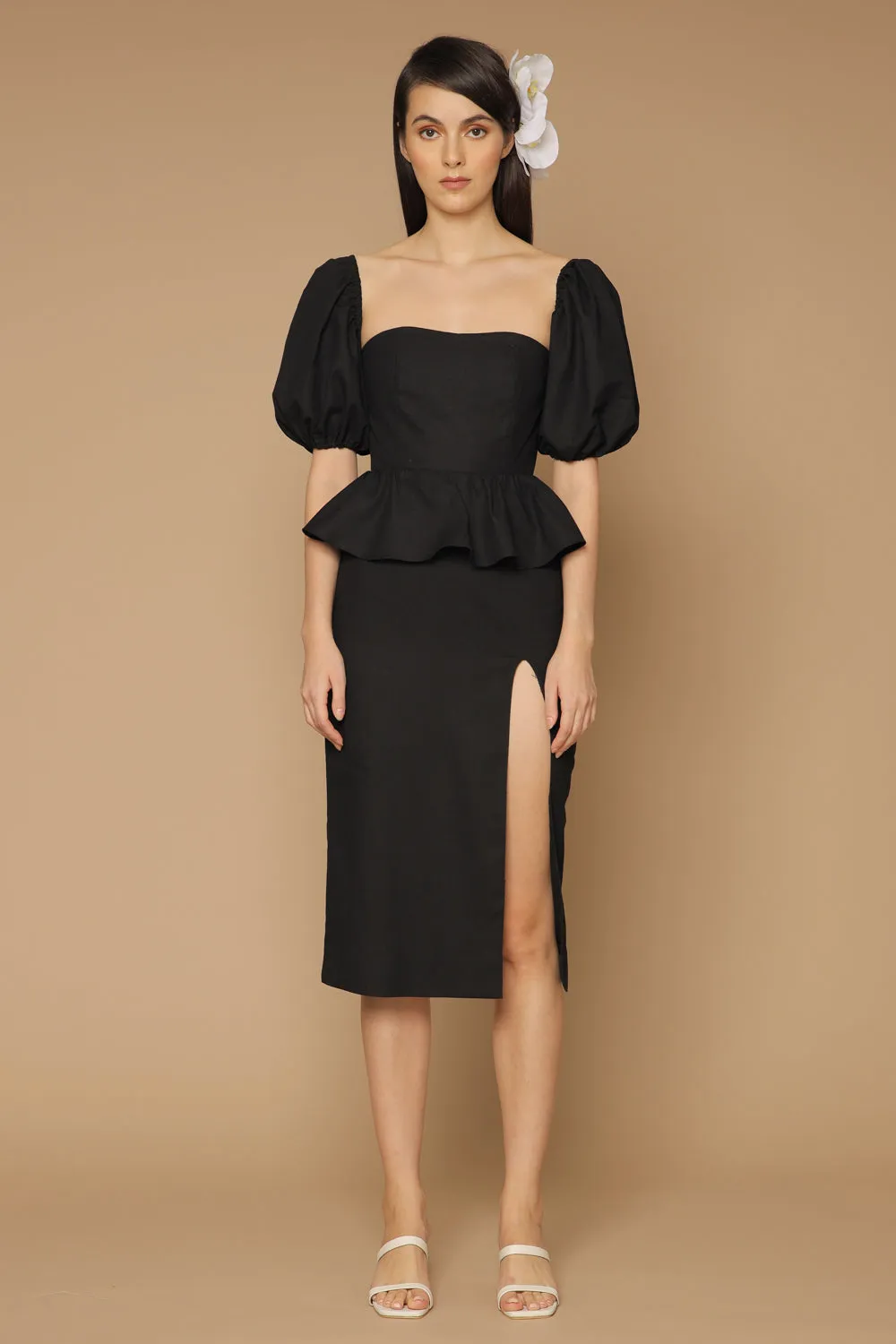 LETICIA Peplum Midi Dress with Semi Puffed Sleeves and Slit (Black Linen)