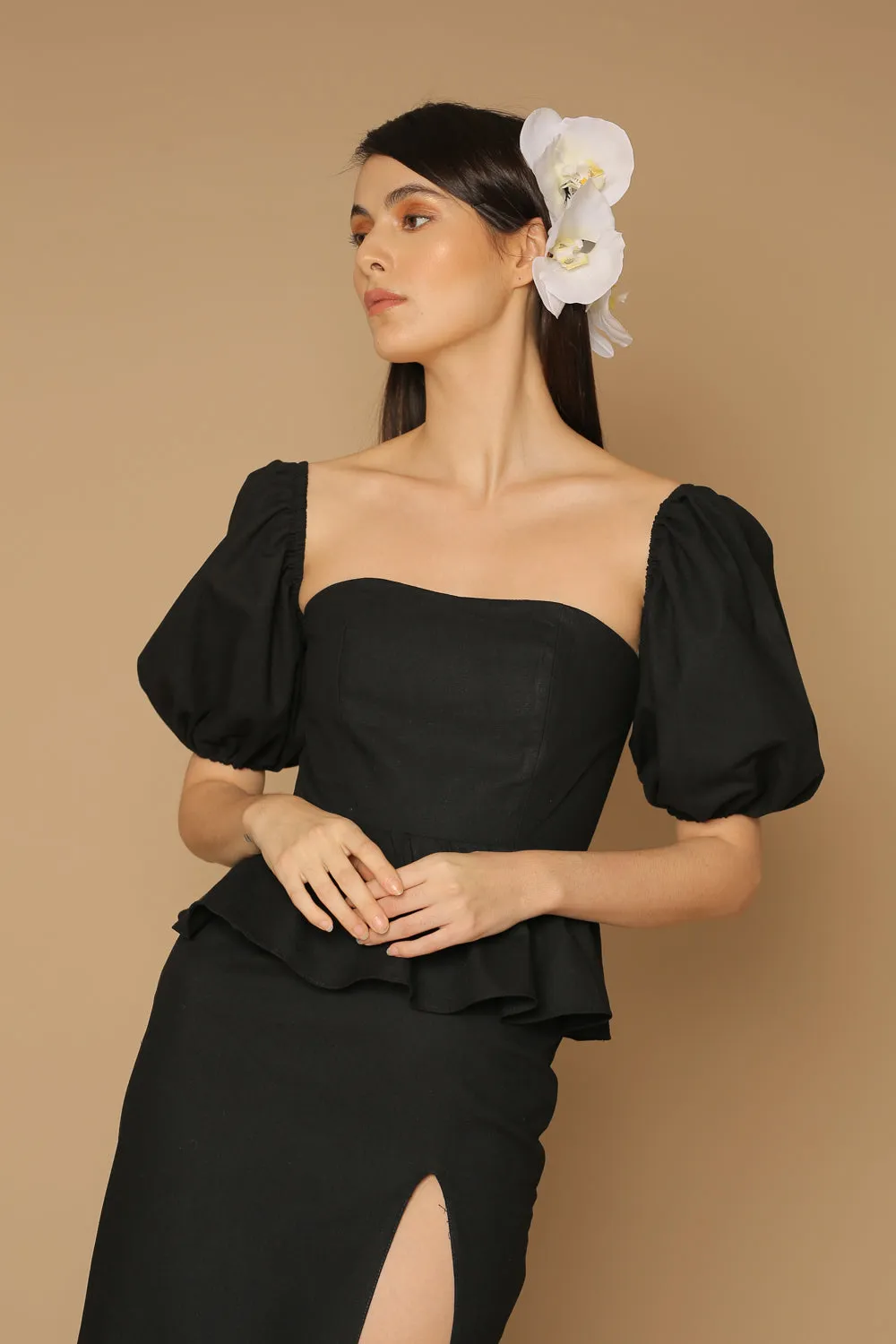 LETICIA Peplum Midi Dress with Semi Puffed Sleeves and Slit (Black Linen)