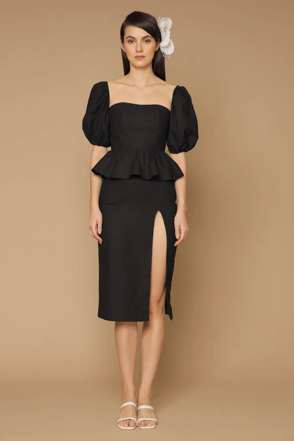 LETICIA Peplum Midi Dress with Semi Puffed Sleeves and Slit (Black Linen)