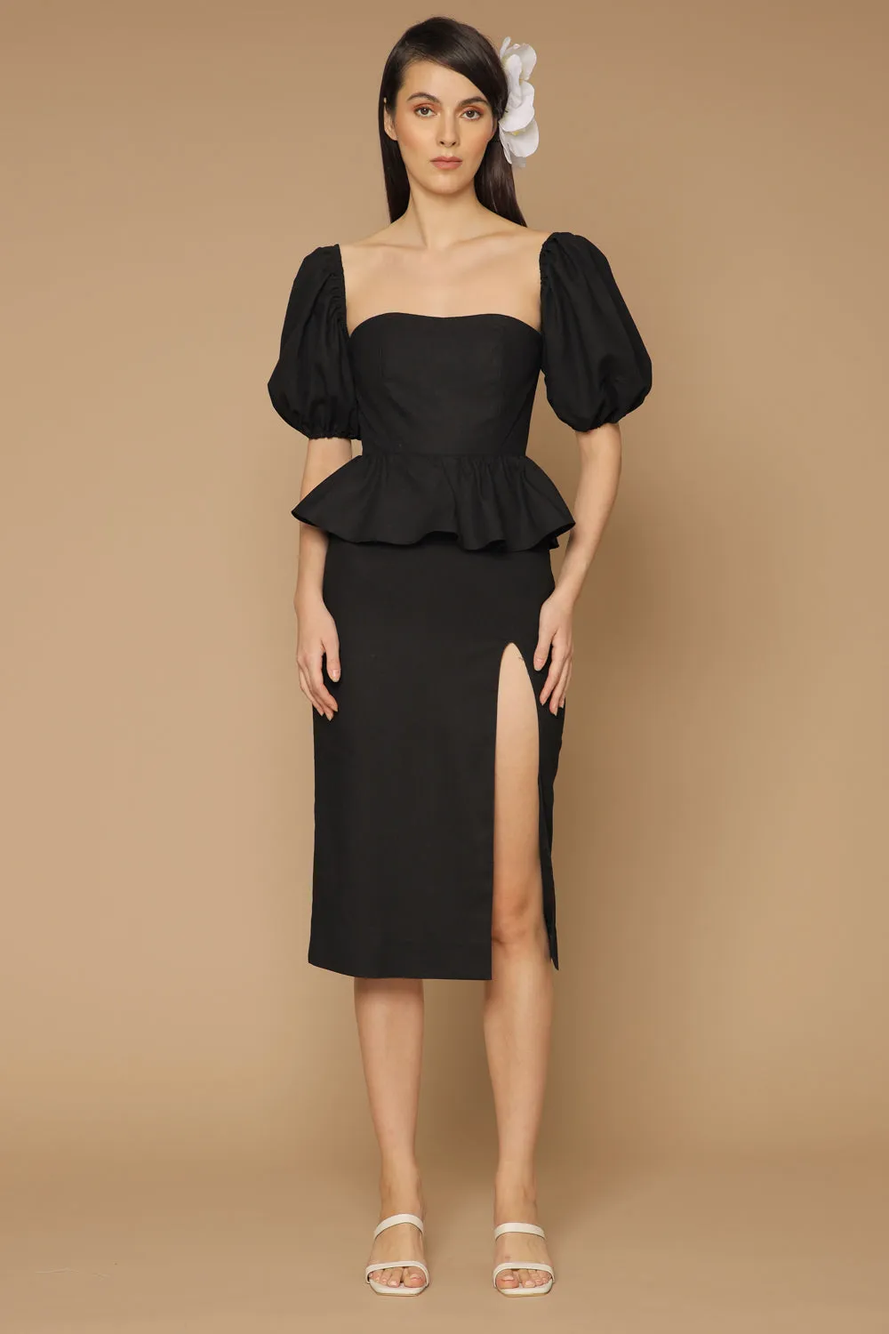 LETICIA Peplum Midi Dress with Semi Puffed Sleeves and Slit (Black Linen)