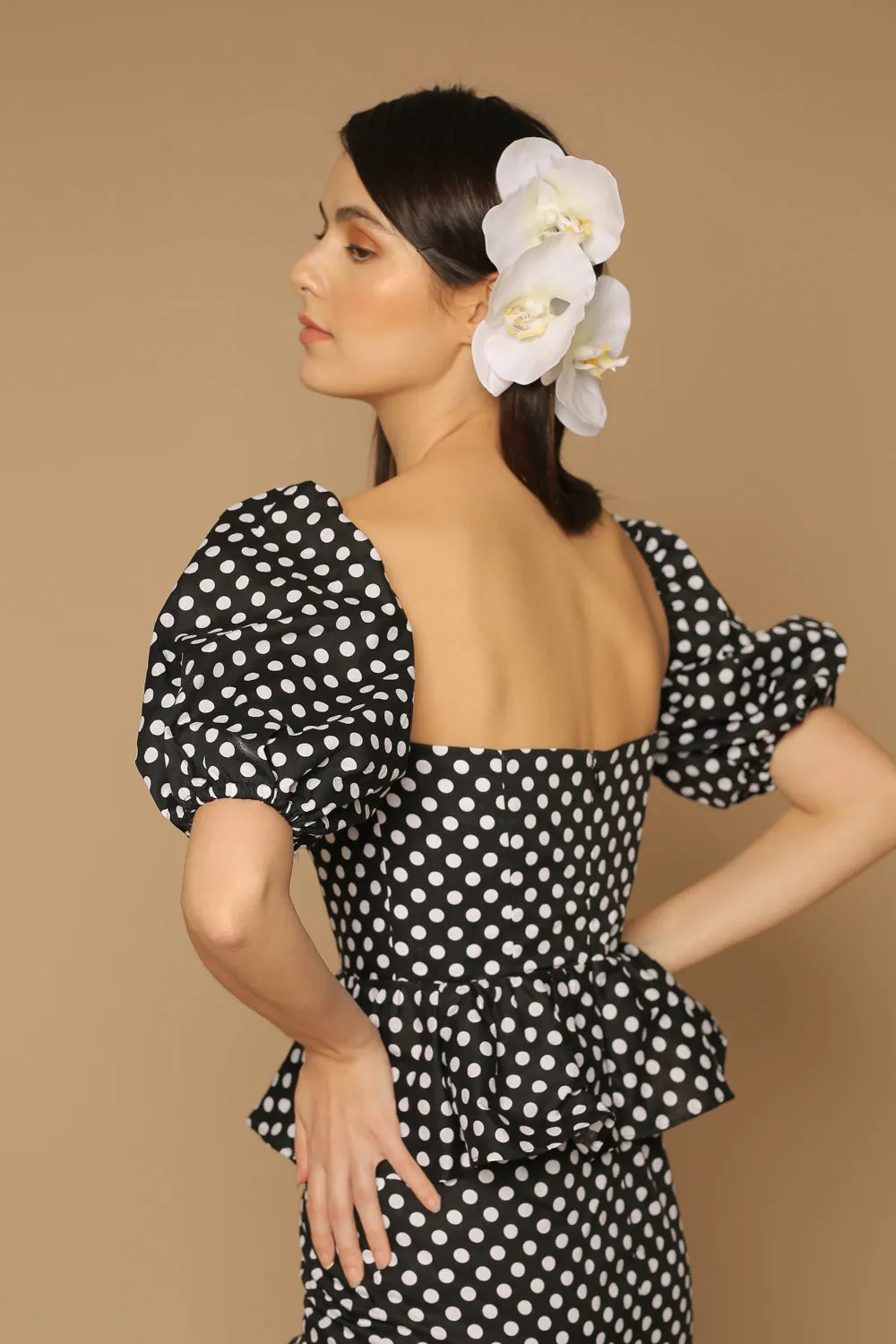 LETICIA Peplum Midi Dress with Semi Puffed Sleeves and Slit (Polkadot Black and White)