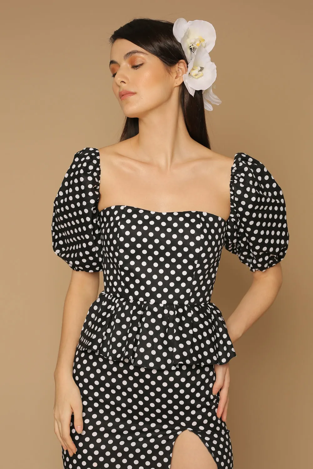 LETICIA Peplum Midi Dress with Semi Puffed Sleeves and Slit (Polkadot Black and White)