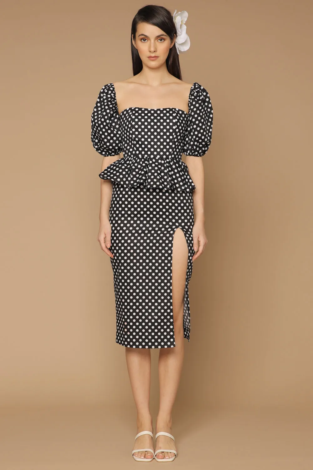 LETICIA Peplum Midi Dress with Semi Puffed Sleeves and Slit (Polkadot Black and White)