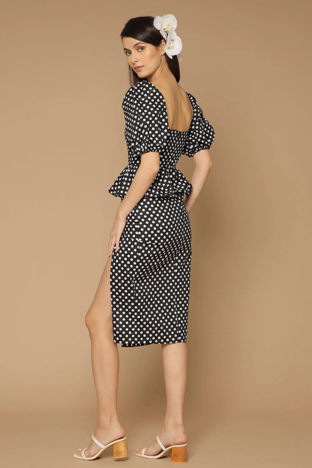LETICIA Peplum Midi Dress with Semi Puffed Sleeves and Slit (Polkadot Black and White)