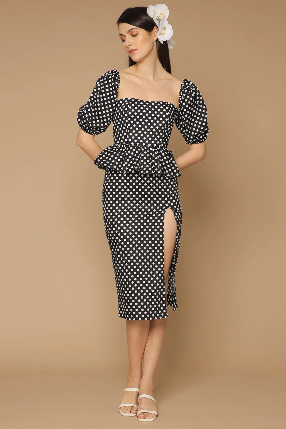 LETICIA Peplum Midi Dress with Semi Puffed Sleeves and Slit (Polkadot Black and White)