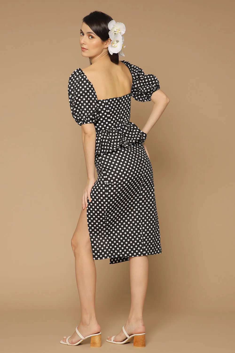 LETICIA Peplum Midi Dress with Semi Puffed Sleeves and Slit (Polkadot Black and White)