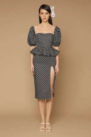 LETICIA Peplum Midi Dress with Semi Puffed Sleeves and Slit (Polkadot Black and White)