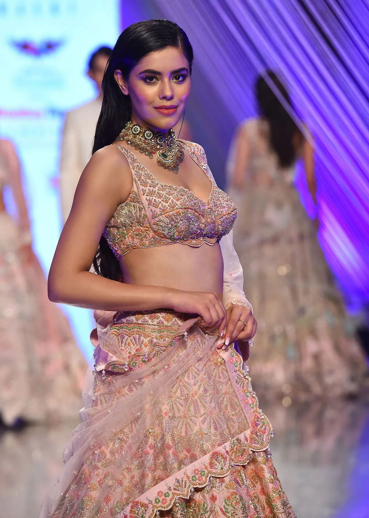 Light Pink Lehenga Choli With Multi Colored 3D Embroidered Kalis In Floral And Scallop Motifs