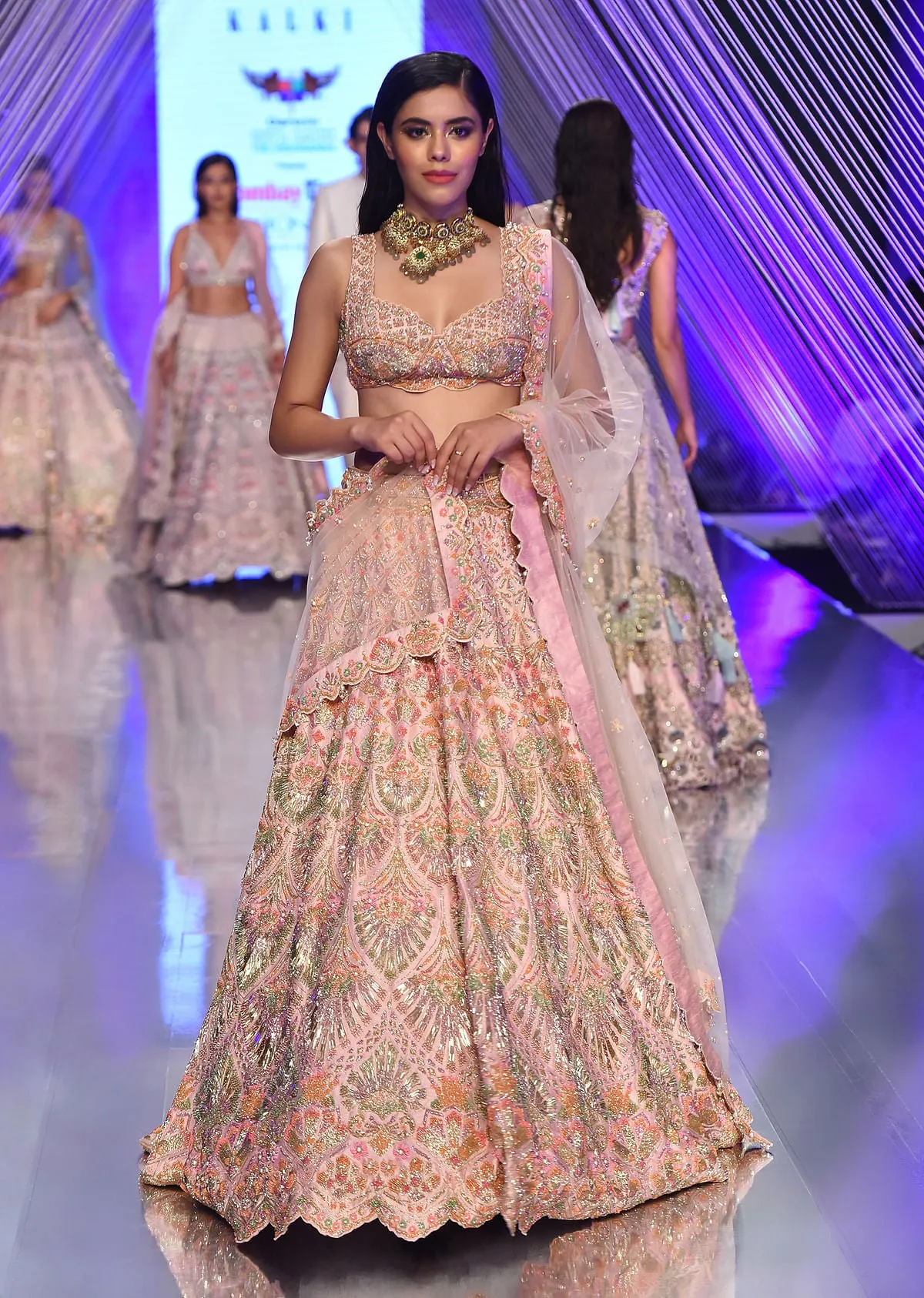 Light Pink Lehenga Choli With Multi Colored 3D Embroidered Kalis In Floral And Scallop Motifs