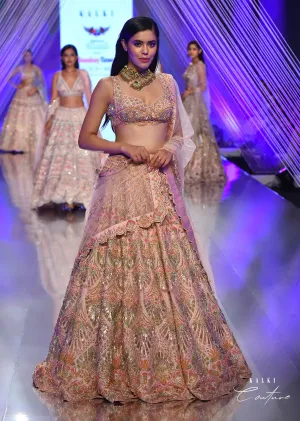 Light Pink Lehenga Choli With Multi Colored 3D Embroidered Kalis In Floral And Scallop Motifs